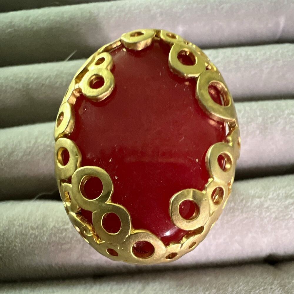 Sizable Adjustable Gold Tone Oval Red Stone Cocktail Fashion Ring